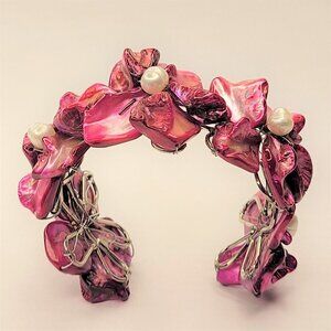 Purple Adjustable Cuff Bracelet with Pearl and Mother Of Pearl Shell Bangle -NEW